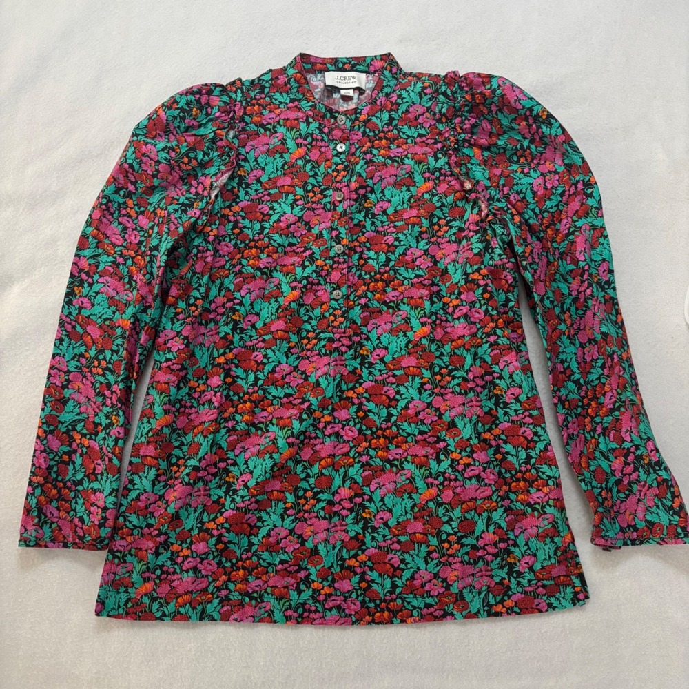 J.Crew Collection Floral Puff Sleeve Cotton Popover Blouse Pink Teal XXS